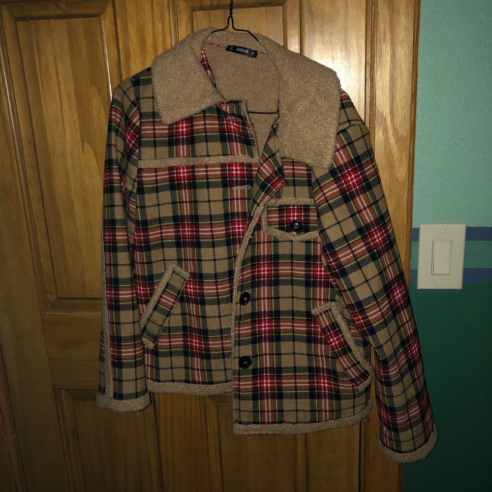Plaid teddy bear fur multicolor jacket